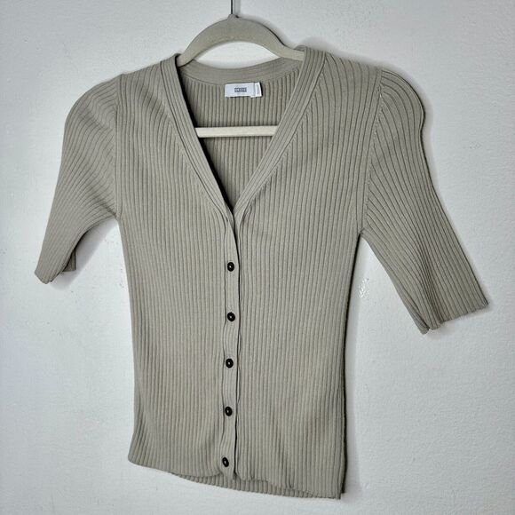Closed Stone Gray Ribbed Knit V-Neck Front Button Short Sleeve Cardigan Top XXS - Picture 6 of 13